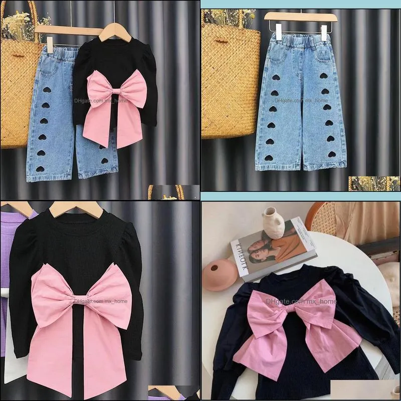 kids clothing sets girls outfits children big bow tops denim pants 2pcs/set spring autumn fashion korean version boutique baby clothes