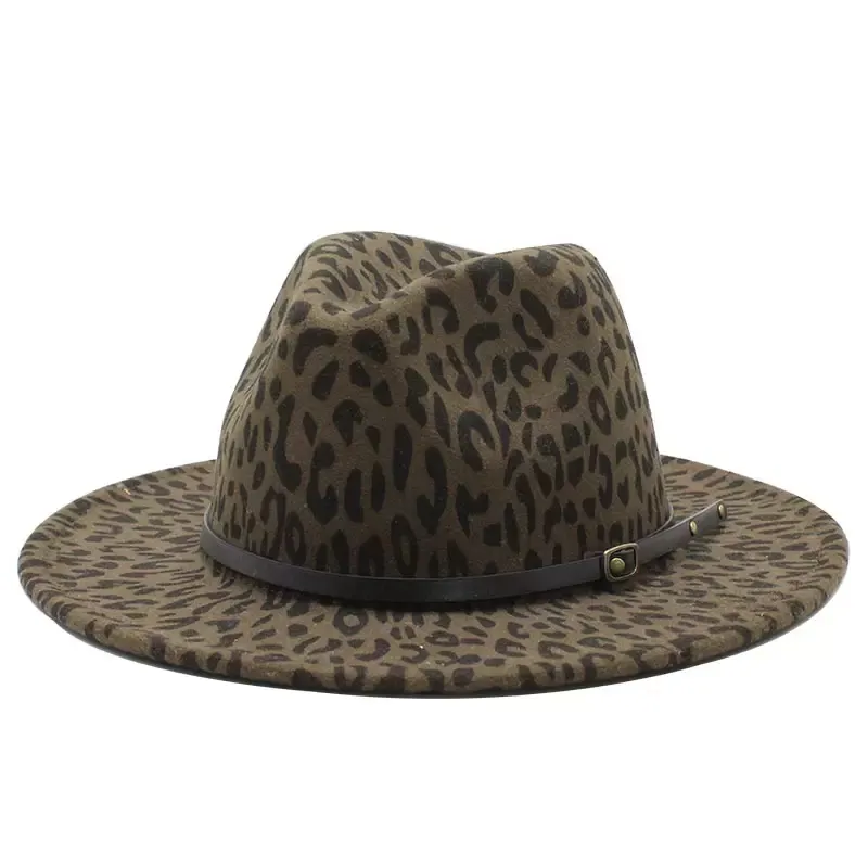 Women Wide Brim Felt Fedora Panama Hat with Leopard Belt Buckle for wearing while gardening at the beach pool park camping hiking