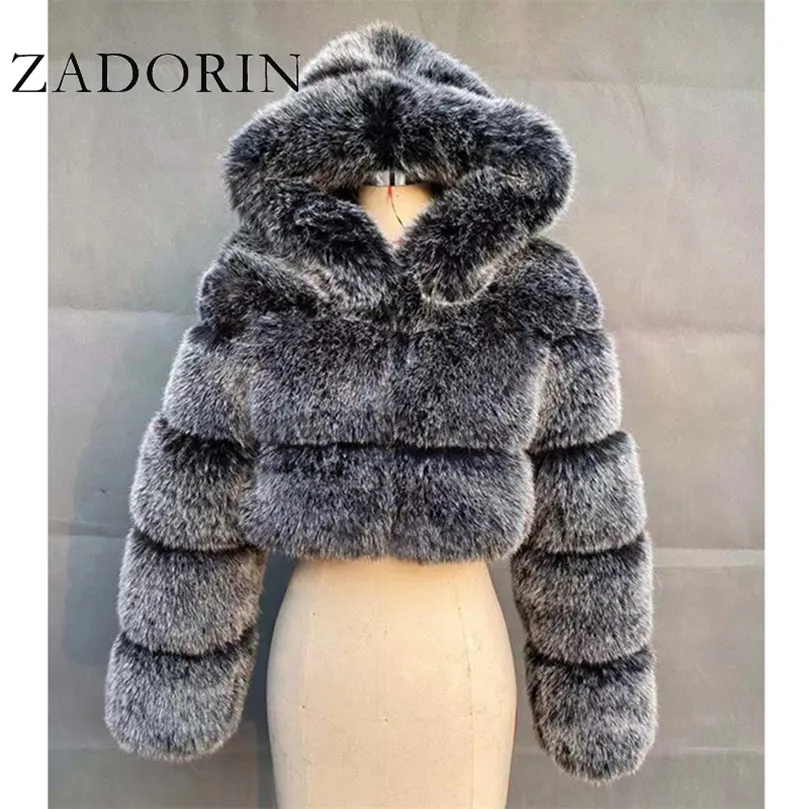 ZADORIN Womens Furry Cropped Faux Fur Grey Fur Coat With Hooded