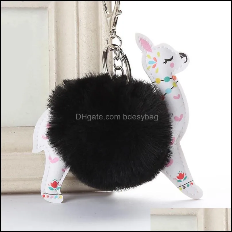 keychains artificial fur pompom keychain fluffy ball cute alpaca leather animal keyring charm chaveiros women jewelry