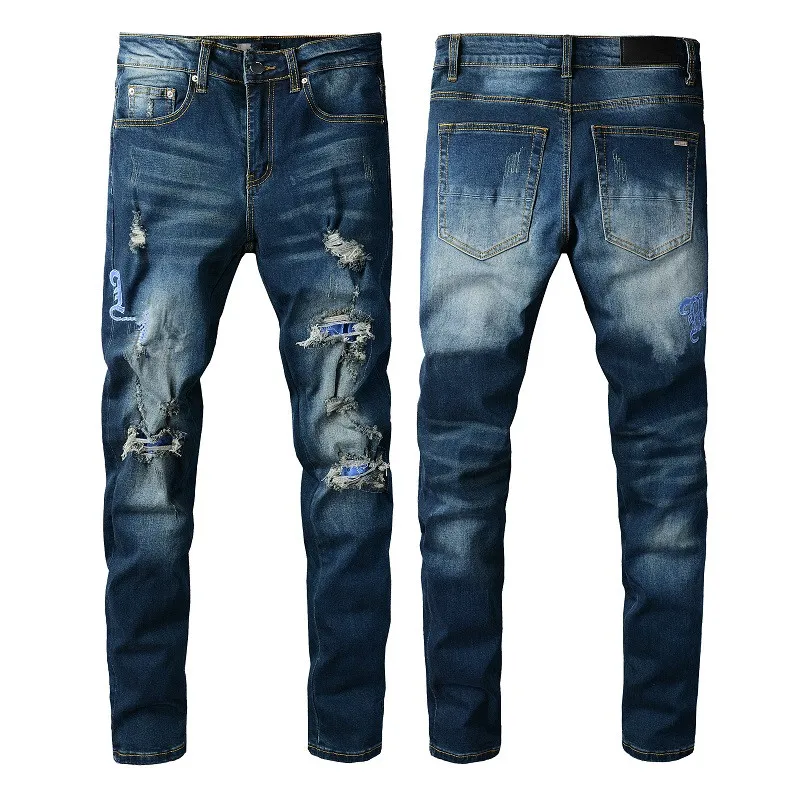 Jeans Homme Bleu avec Lettre Recadrée Distressed Designer Pantalon pour Homme Slim Fit Réparé Lin Chino Stretch Mince Denim Tappered Long Straight Regular Zipper Holes