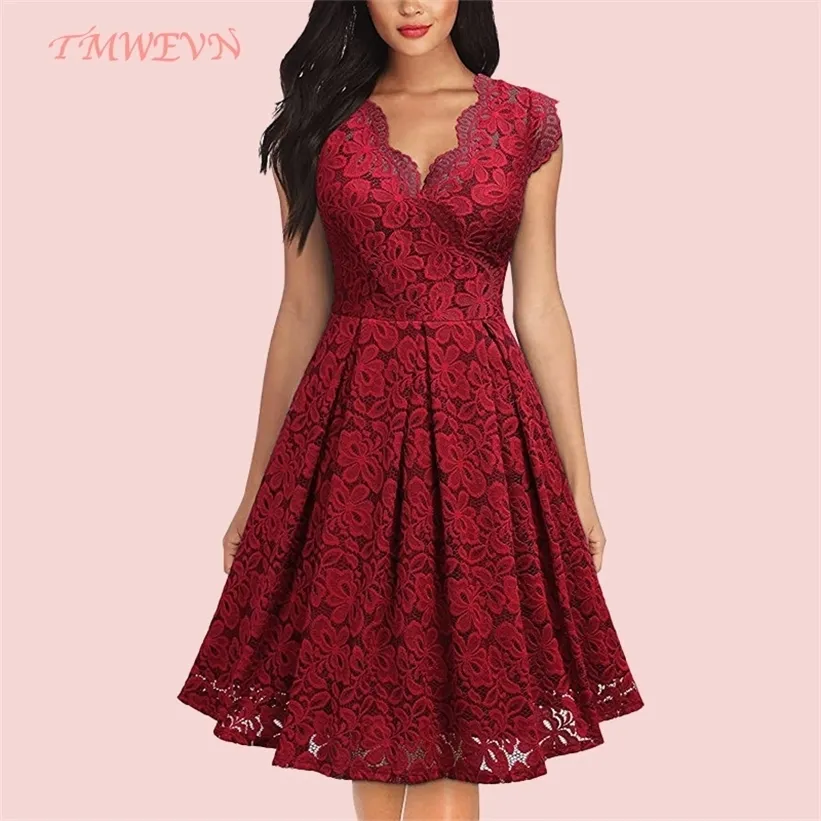 Vestido de fiesta de verano para mujer Vintage con cuello en V sin mangas de encaje elegante para mujer con alta calidad talla S en el modelo 220330