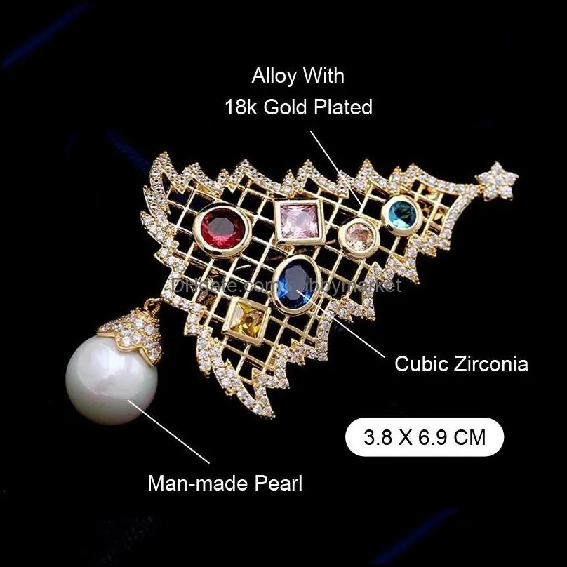 Fashion Classic Christmas High Quality Sparkling Multicolor Cubic Zirconia Pine Brooch Pin For Man and Women