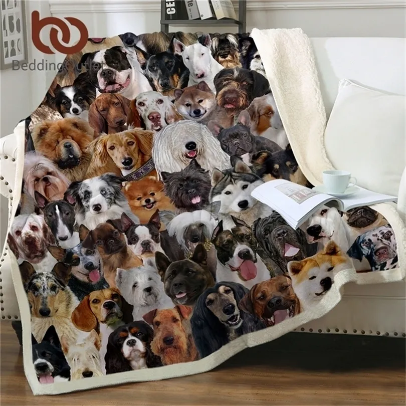 Beddingoutlet Cobertores de cachorro 3D para cama Pet Husky Bulldog sherpa cobertor animal marrom marrom koce Kidding Furry Blain 150x200cm 201112