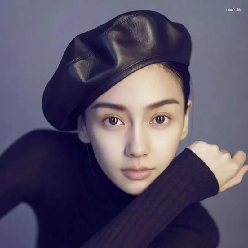 Beralar Moda Kore tarzı Kadın Siyah Kırmızı Pu Deri Bere Şapka İlkbahar Sonbahar Düz Kap Gorras Kadın Retro Beanieberets Chur22