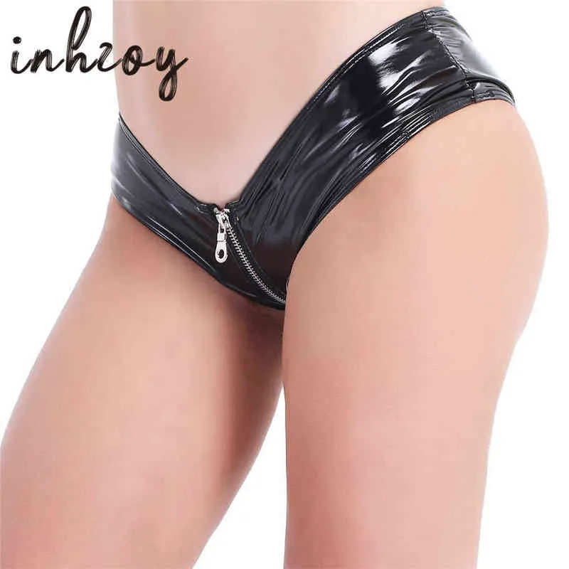 Été Femmes Noir Brillant En Cuir Verni Ouvert Fermeture Éclair Entrejambe Taille Basse Latex Shorts Femme Clubwear Rave Sexy Mini Shorts Y220417