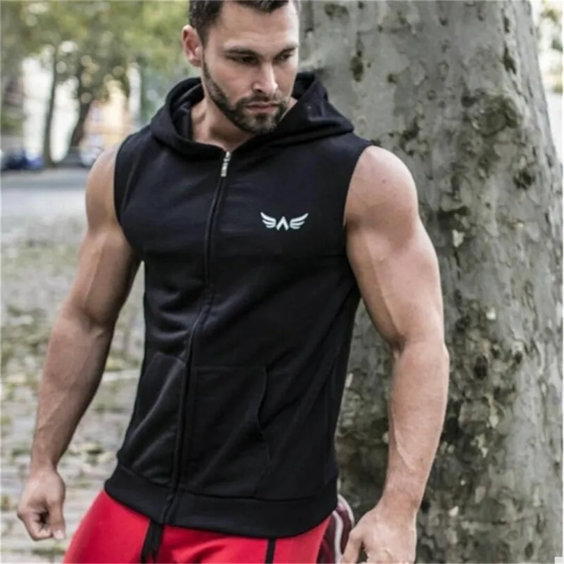 Zipper Men's Tank Top With Hood Mens Cotton Hooded Tank Top