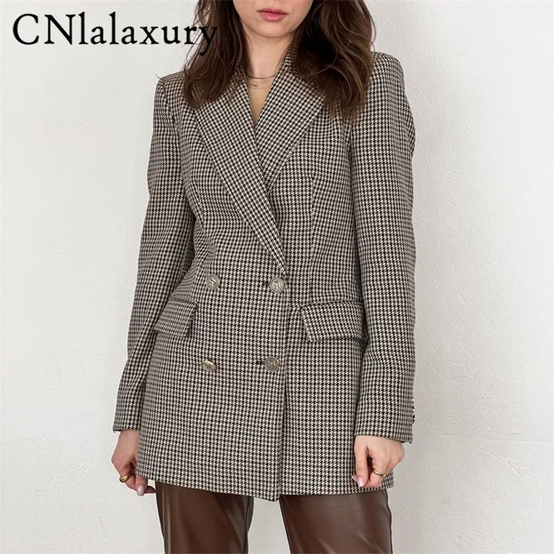 CNlalaxury femmes tenue de bureau Double boutonnage Plaid Blazer manteau Vintage à manches longues poche femme veste d'extérieur Chic hauts 220726
