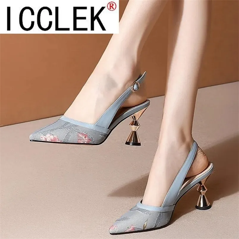 Women Fashion Color Block Embroidered Pumps Ladies Designer Brand Sandals Pointed Toe High Heels Shoes 220420