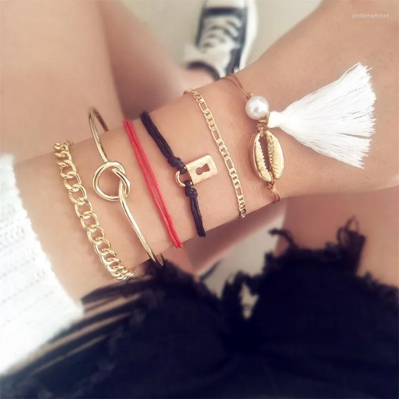 6Pcs/Set Fashion Women Bracelets Pearl Seashell Tassel Lock Single Knot Leather Cord Gold Bracelet Set Birthday Party Jewelry Link Chain