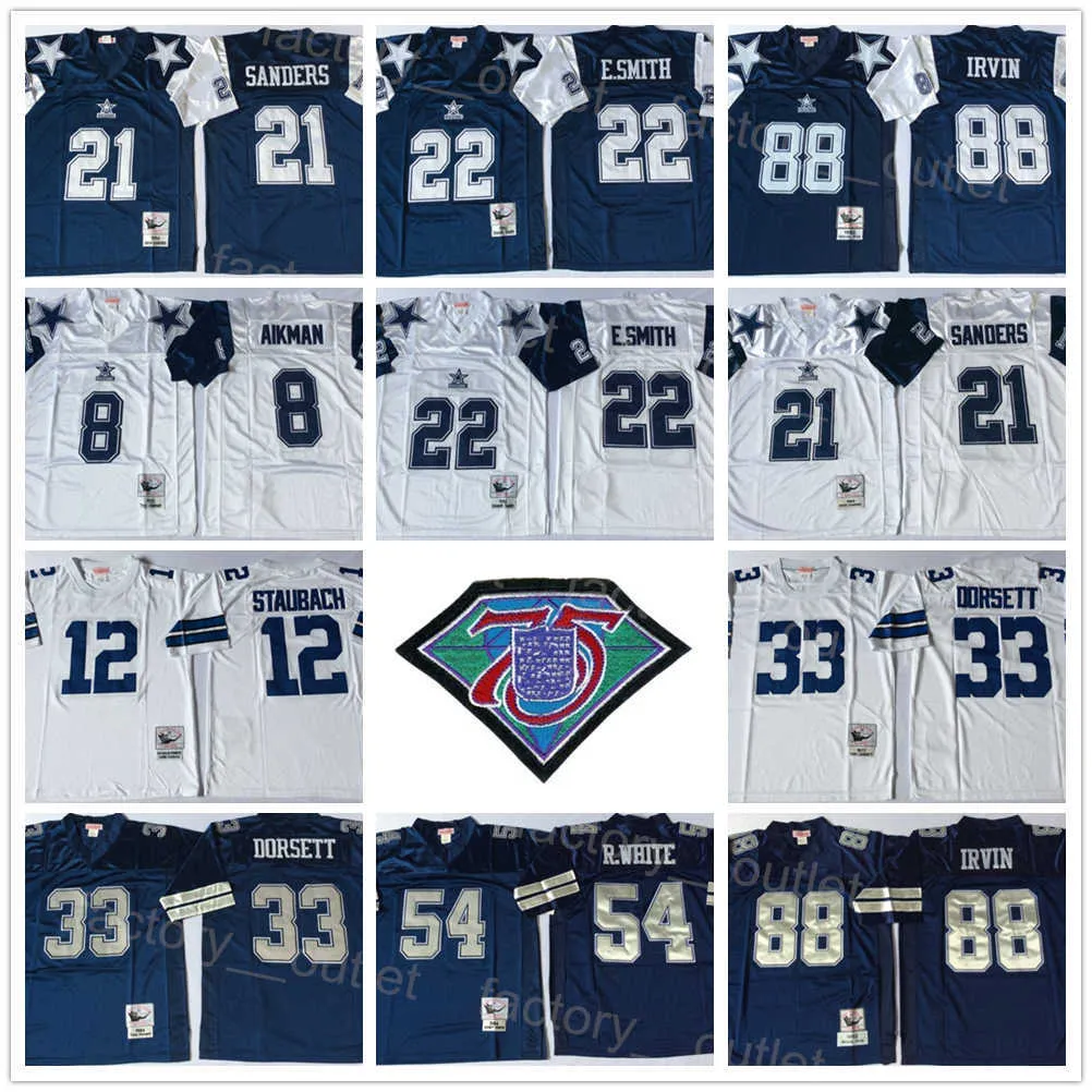 Throwback Mitchell and Ness Football 8 Troy Aikman Jersey 75th 21 Deion Sanders 22 Emmitt Smith 33 Tony Dorsett 54 Randy White 88 Michael Irvin 12 Roger Staubach ncaa