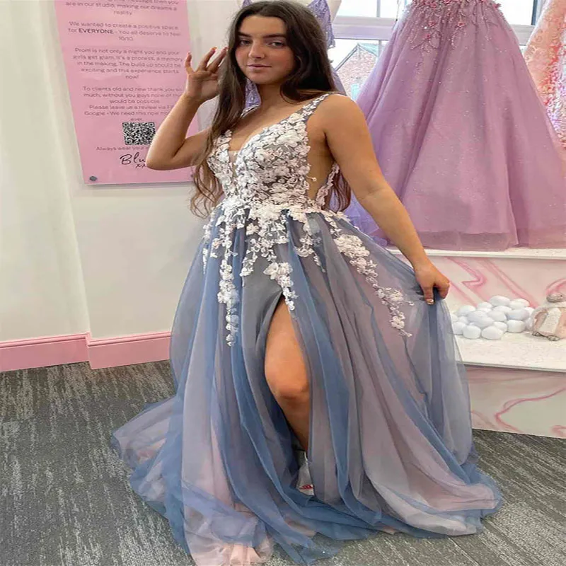 2022 Smoke Blue Lace V Neck Tulle Dusty Blue Prom Dress With Split Back Sexy Large Size Evening Gown For Formal Parties And Night Events From Bridalstore 116.52 DHgate.Com