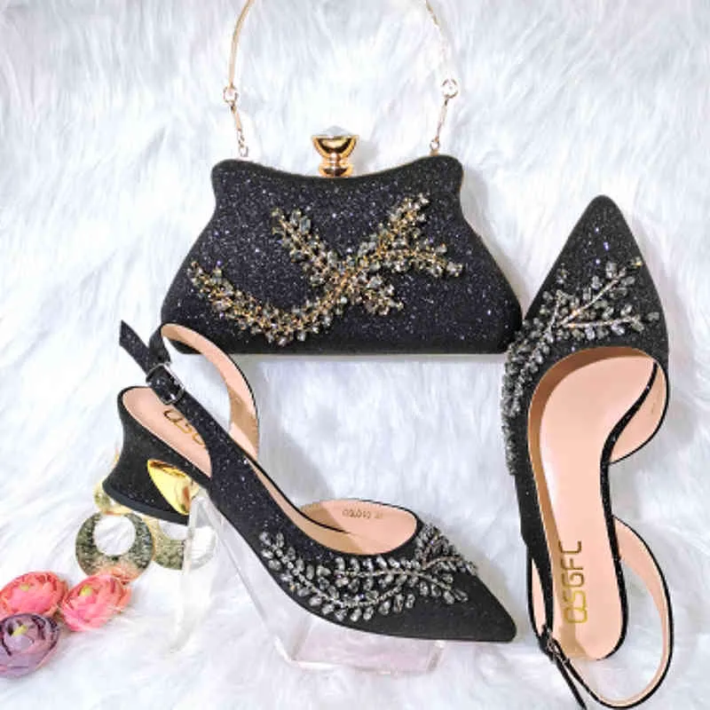 Dress Shoes 2022 Latest Black Color and Elegant Fashion Rhinestone Accessories Pointed Toe Women s Bag Set 220722