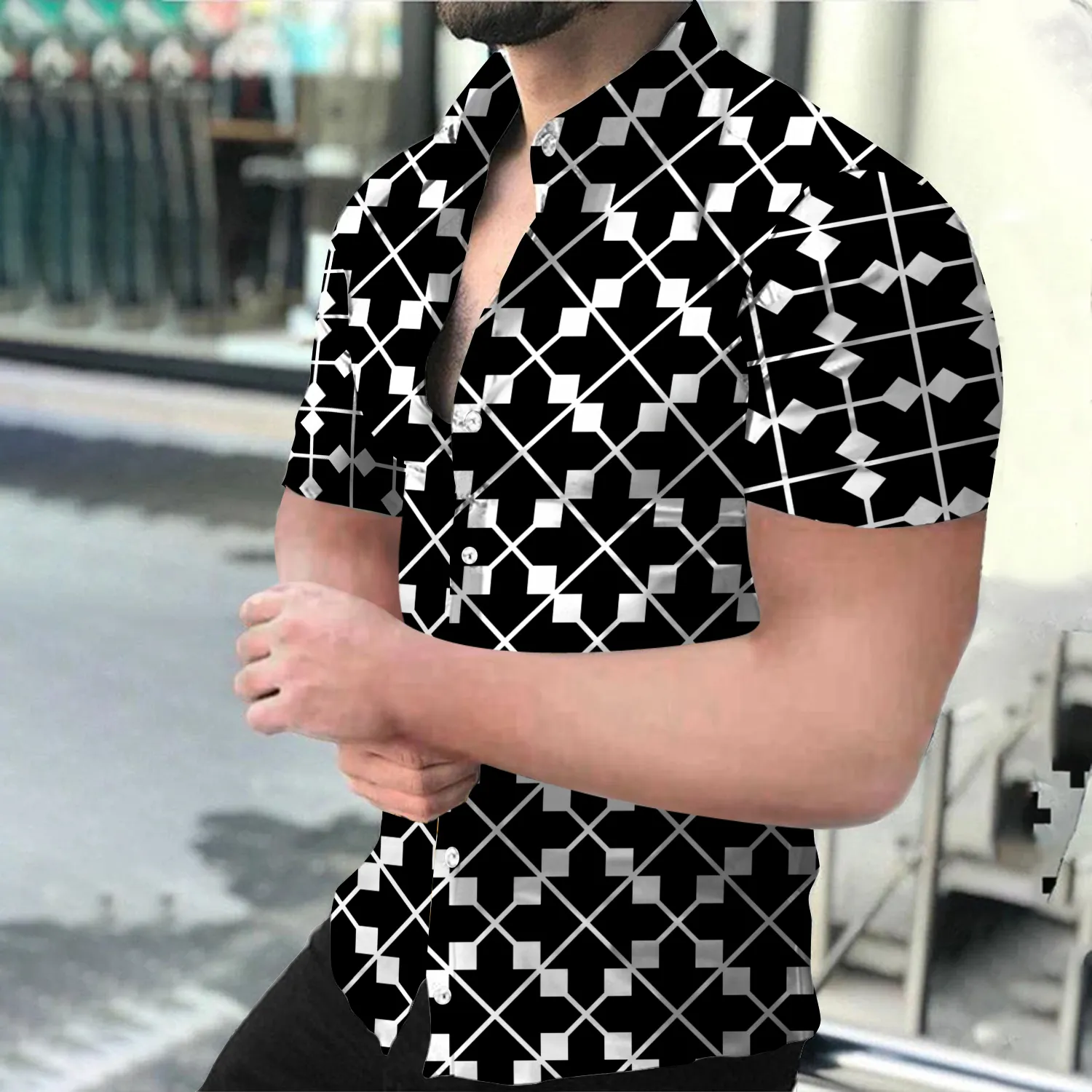 Designer sommar kortärmad digital tryckning skjorta män lapel hals Löst knapp upp blus andas streetwear sexiga skjortor män