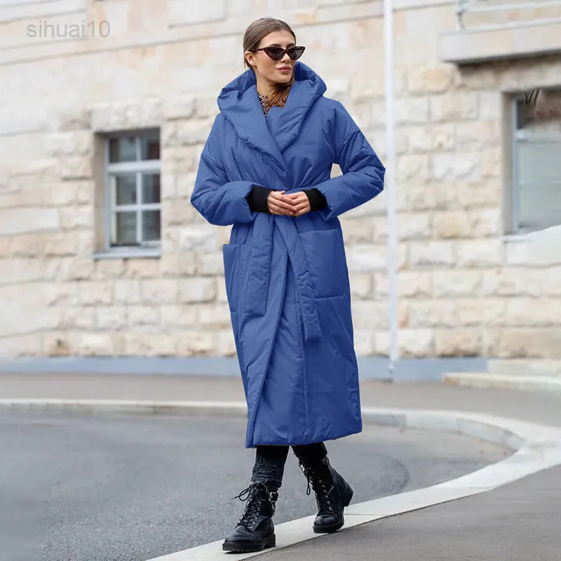 Femmes Long Hiver Épais Chaud Veste Tampon Chaud Veste Avec Ceinture Outrun Parka 2022 Printemps Automne Hiver L220725