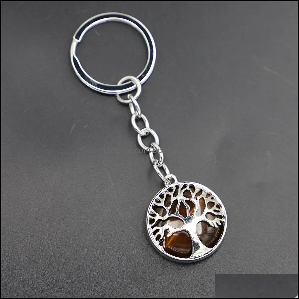 fashion tree of life key rings natural stone pendant keychain natural quartz stones pink crystal keychains accessories