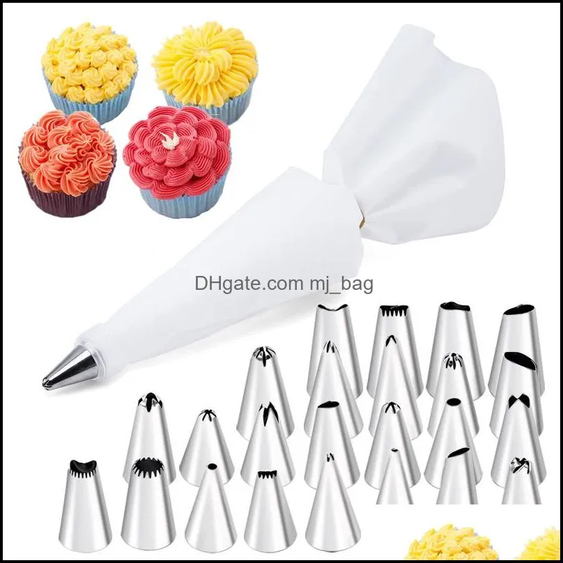 reusable silicone icing piping cream pastry bag+6 stainless steel baking tools cake nozzle diy cake decorating tips fondant