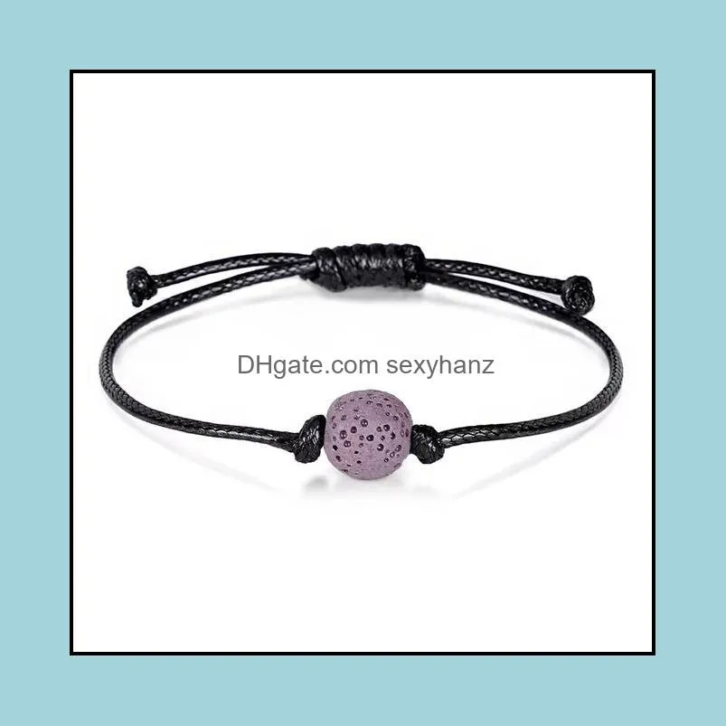 Simple Black Lava Energy Stone Bracelets Adjustable Colorful Waxed Cord Round Ball Lava Stone Healing Bracelets Women Male Lover