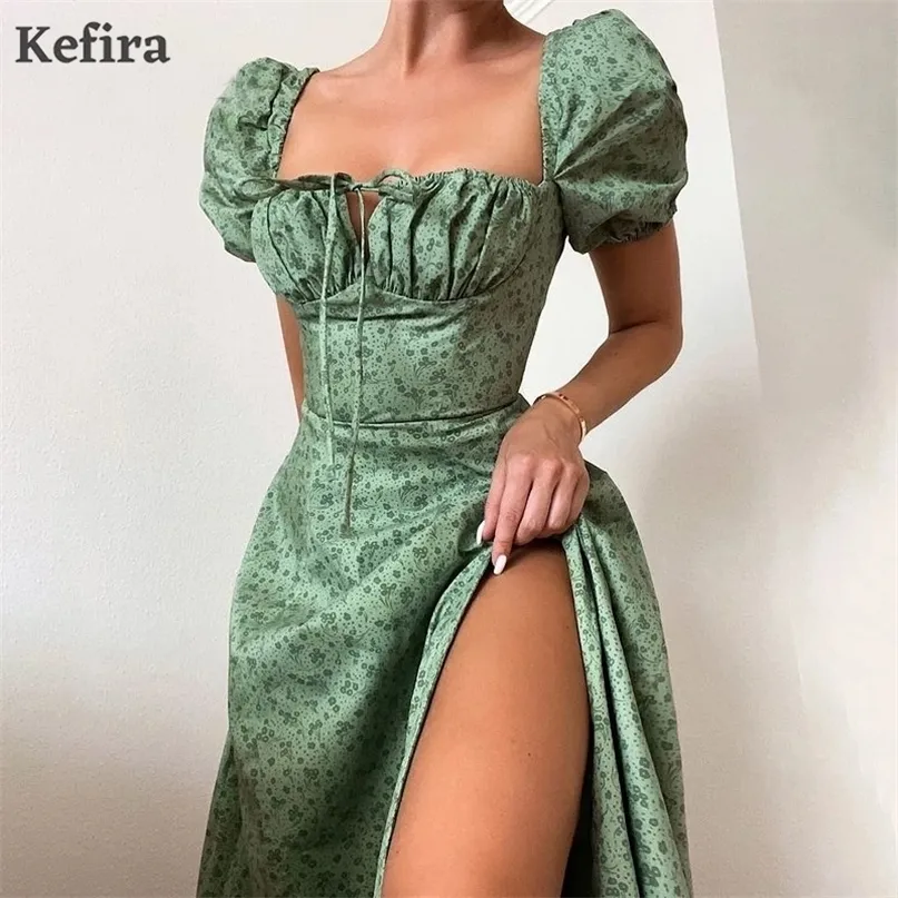 Kefira Off ombro imprimir ombro floral sexy dres vintage elegante elegante e alto dividido vestido de traço de tração casual maxi vestidos 220509
