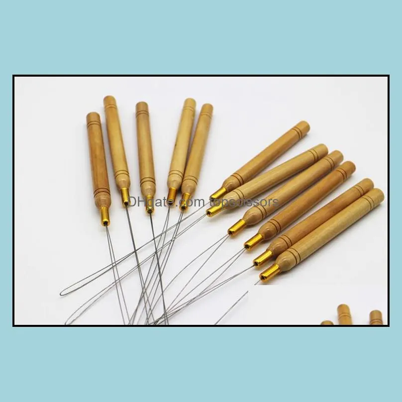 Wooden Handle Pulling Needles for Micro Rings/Loop beaded Hair Extensions Iron Wire Threader Hook Pulling Hair Extension Tools