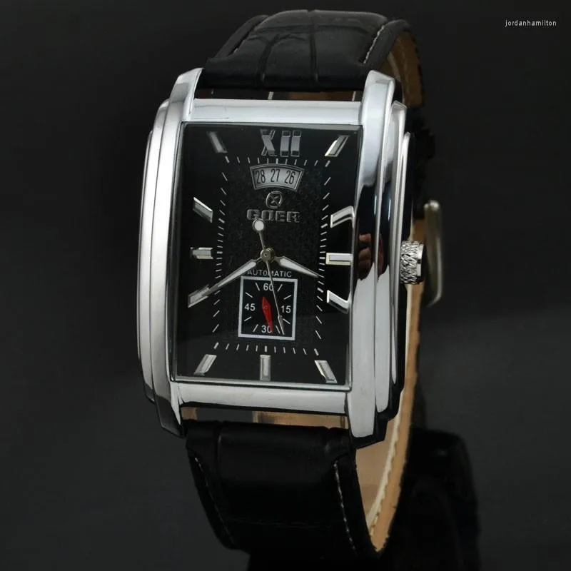 Goer Watch Fashion Rectangle Watch Men Auto Date Автоматические самостоятельные механические наручные часы Маленькие секунды Часы Reloj Hombre