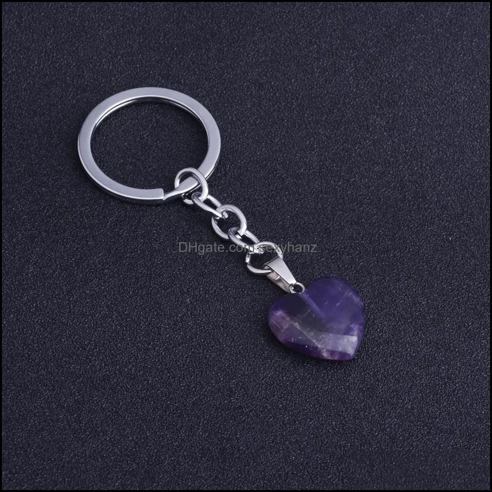 Heart-Shaped Natural Crystal Stone Keychain Reiki Healing Keyring Key Chain Stone Pendant Jewelry Gifts