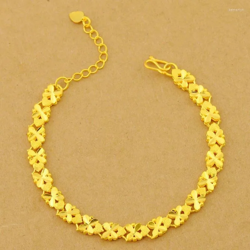 Fili di perline Bracciale in oro 24k modello intagliato quadrifoglio per regali di gioielli per feste di nozze da donna Kent22