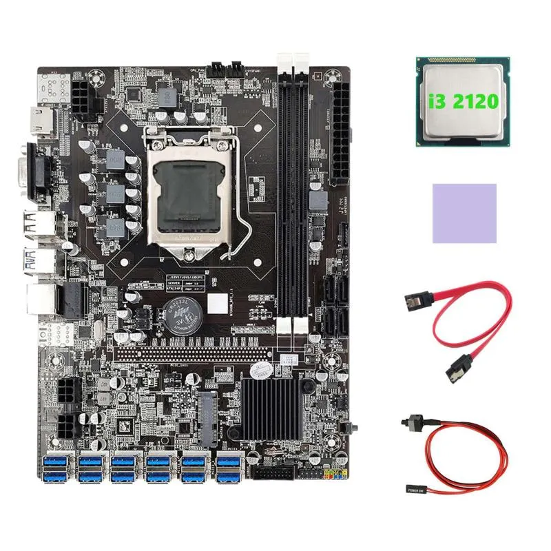 マザーボードB75 ETHマイニングマザーボード12 PCIEからUSB I3 2120 CPU スイッチケーブル SATAケーブル サーマルパッドLGA1155 USB