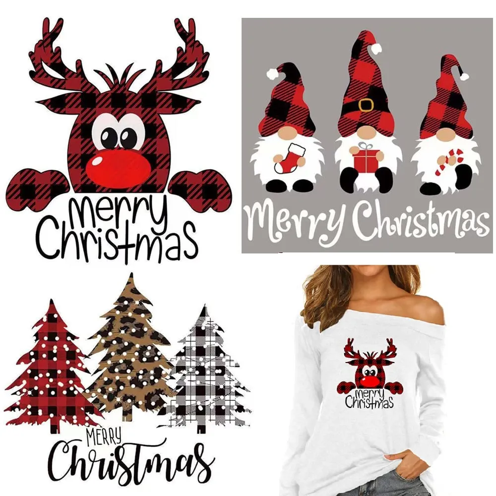 Föreställningar Large Holiday Stryk plåster Jul Buffalo pläd termiska klistermärken på t-shirt DIY Tvättbar lapp Rolig design överföringsapplikation för ryggsäckar