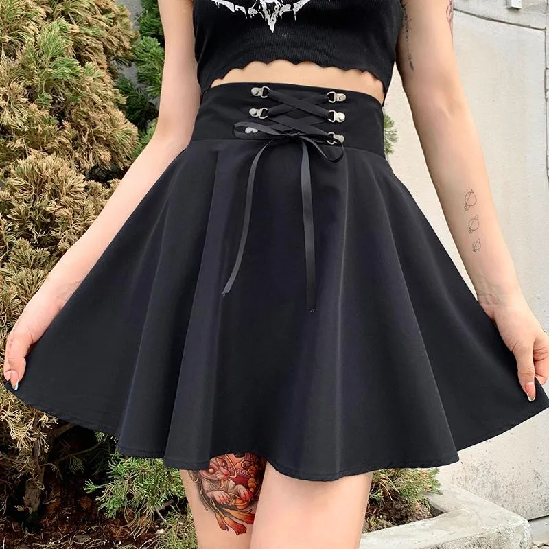 Gonne da donna basic versatili svasate casual mini gonna a pieghe scuola a vita alta goth punk nero harajuku