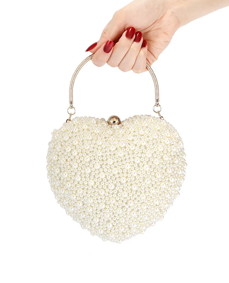 Full Pearls Beaded Heart Bridal Hand Bags ivory Wedding Handbags One Shoulder Evening Bags Ladies Hand Bag