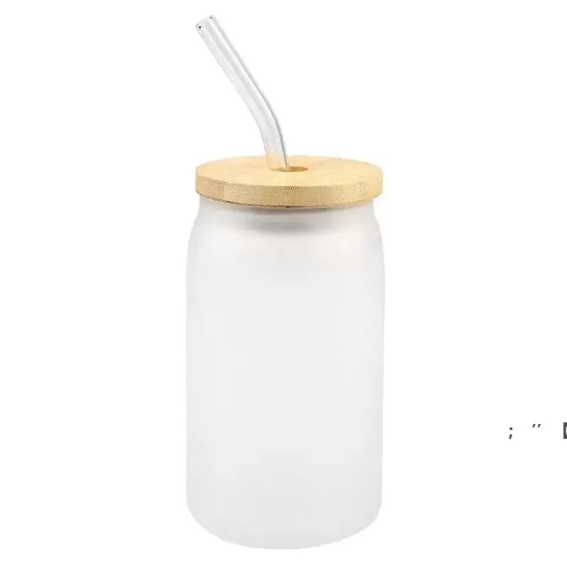 12oz 16oz 25oz Caneca em linha reta sublimação em branco geado transparente transparente copo de vidro copo de copo com tampa de bambu e palha RRE13770
