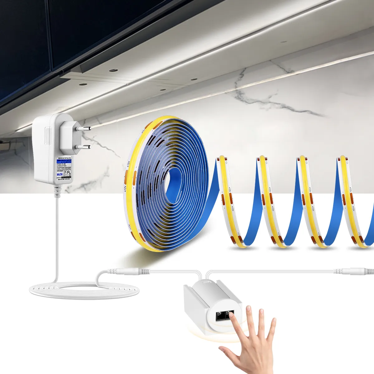 Bande LED COB Flexible haute luminosité CRI 90, 12V, capteur de balayage manuel, interrupteur, bande lumineuse LED, rétro-éclairage pour armoire de cuisine, lampe de décoration