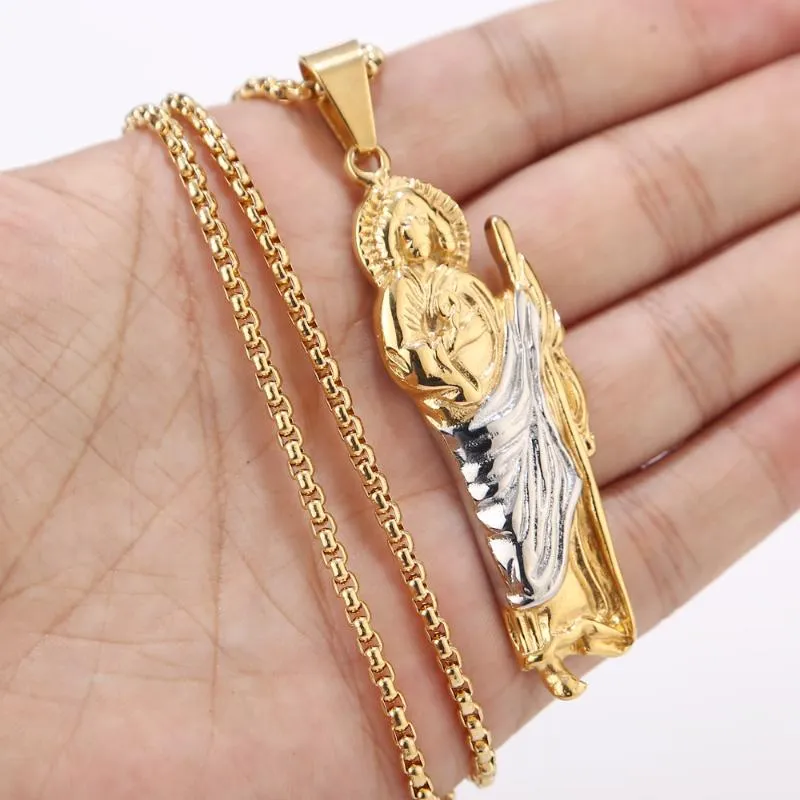 Ожерелья с подвесками из нержавеющей стали Золотого тона Святого Иуды Фаддея Молитесь за нас Религиозное очарование с 2-миллиметровым ожерельем-цепочкой 60смПодвеска