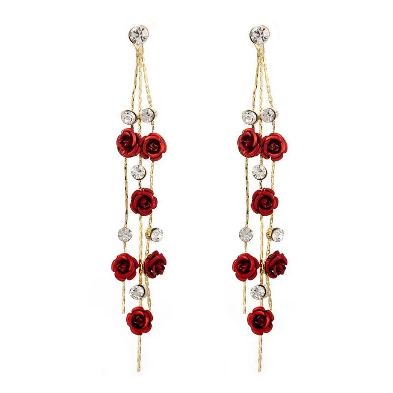 Mode Rose Flower Dangle voor Dames Glanzende Strass Lange Tassel Asymmetrie Drop Earring Girls Bruiloft Sieraden