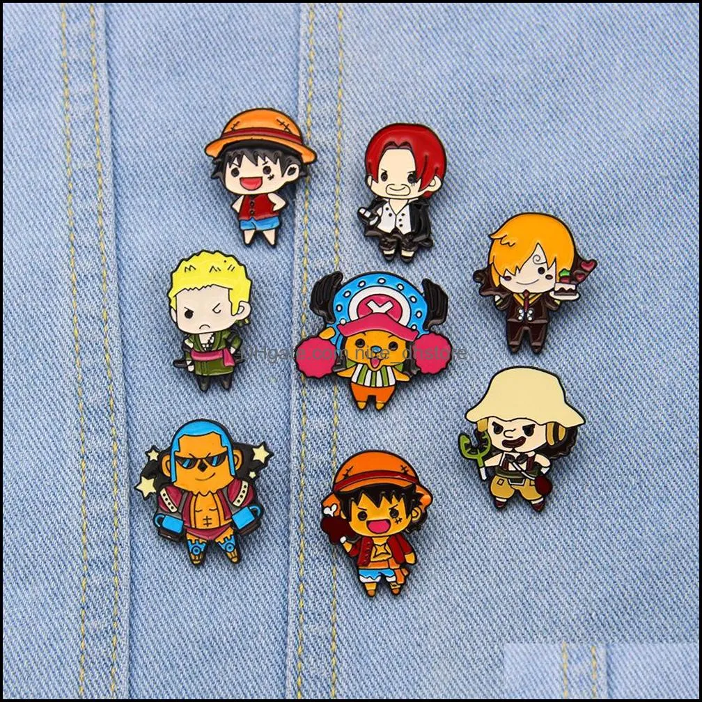 Pinsbrooches 보석 원 조각 Luffy Boa Hancock Sabo Portgas d Ace Roronoa Zoro Sanji Chopper 귀여운 만화 합금 에나멜 로벨 dhu40