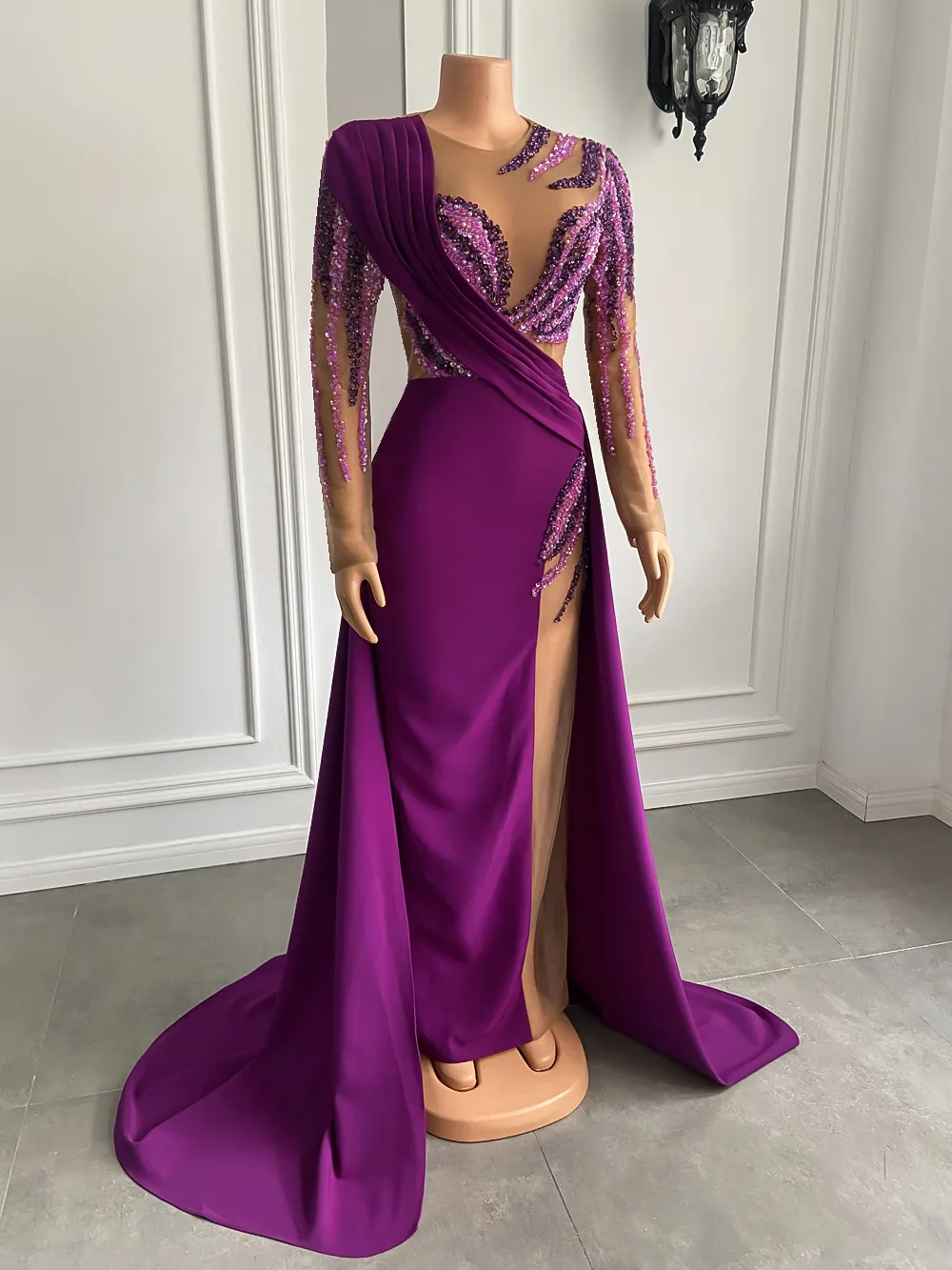 Purple See Through Evening Dress with Sheer Jewel Neck, Beaded Trumpet Silhouette, Side Split, and Floor-Length Sweep Train from Dhgate Evening Dresses - price 143.22 Purple See Through Evening Dress with Sheer Jewel Neck, Beaded Trumpet Silhouette, Side Split, and Floor-Length Sweep Train from Dhgate Evening Dresses - price 143.22