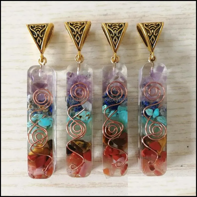 Retro Reiki Healing Gravel Stone Natural Crystal lithotripsy Meditation Seven chakra pendants charms DIY Pendulum Necklaces Jewelry