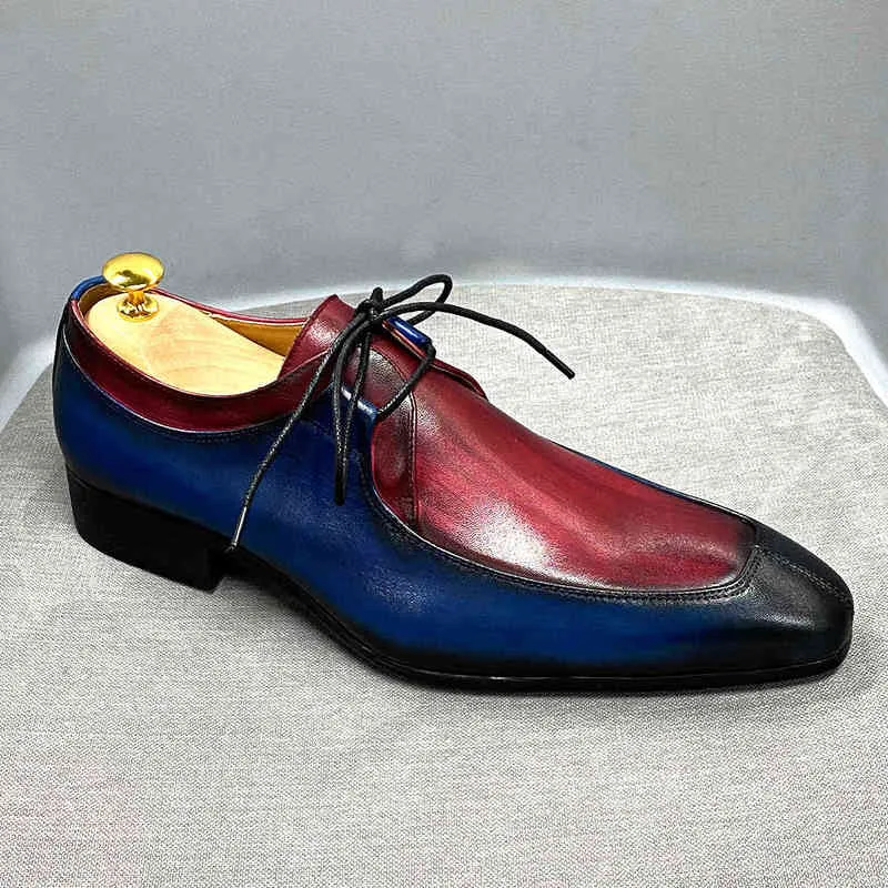 Heren Oxford Schoenen Vintage Blauw en Rood Gemengde Kleuren Ontwerp Echt Koe Lederen Jurk Schoenen Formele Zakelijke Kantoor Veterschoenen