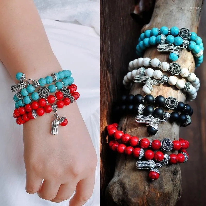 Perles Brins Amoureux Fleur Fruit 2 Ensembles De Bracelet Élastique Turquoise Vente En Gros Bracelets Rétro Transfrontaliers Européens Et Américains Fawn22