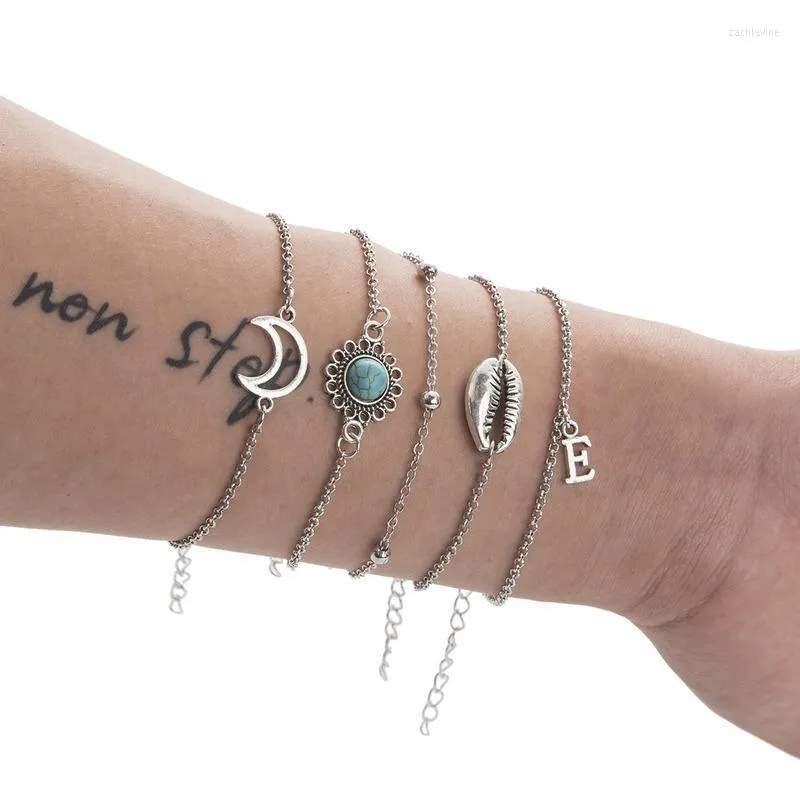 Link Chain Tibetan Silver Color 5pcs/set Bracelet Alloy Letter Shell Turquoises Moon Bracelets For Women Wrist Jewelry Drop
