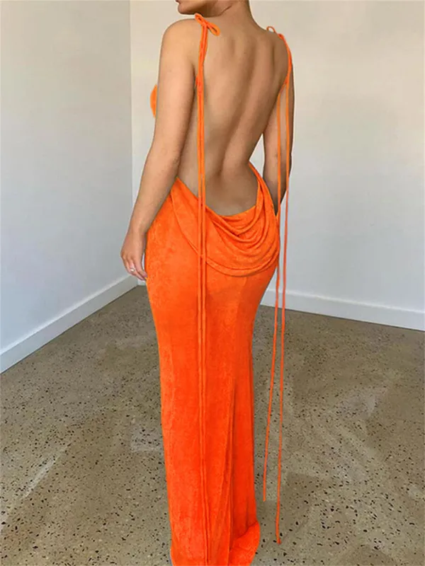 Backless maxi jurk sexy oranje spaghetti riem slank voor vrouwen lange club feest strand strand zomer blauwe outfits 220526