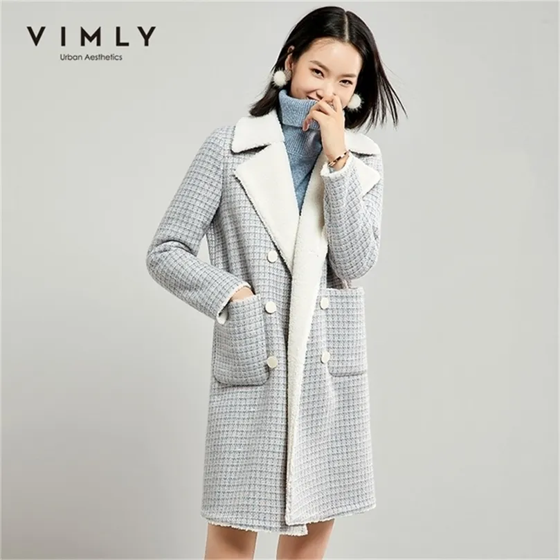 Vimly Thicken Woolen Coat Winter Women Elegant Office Lady Plaid Double breasted Lapel Poeckets Vintage Casaco Feminino F5121 201215