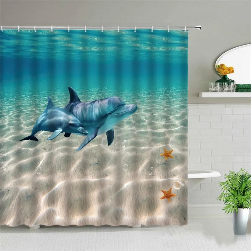 Dolphin Shark Shower Curtain Cute Marine Animal Blue Sea Water