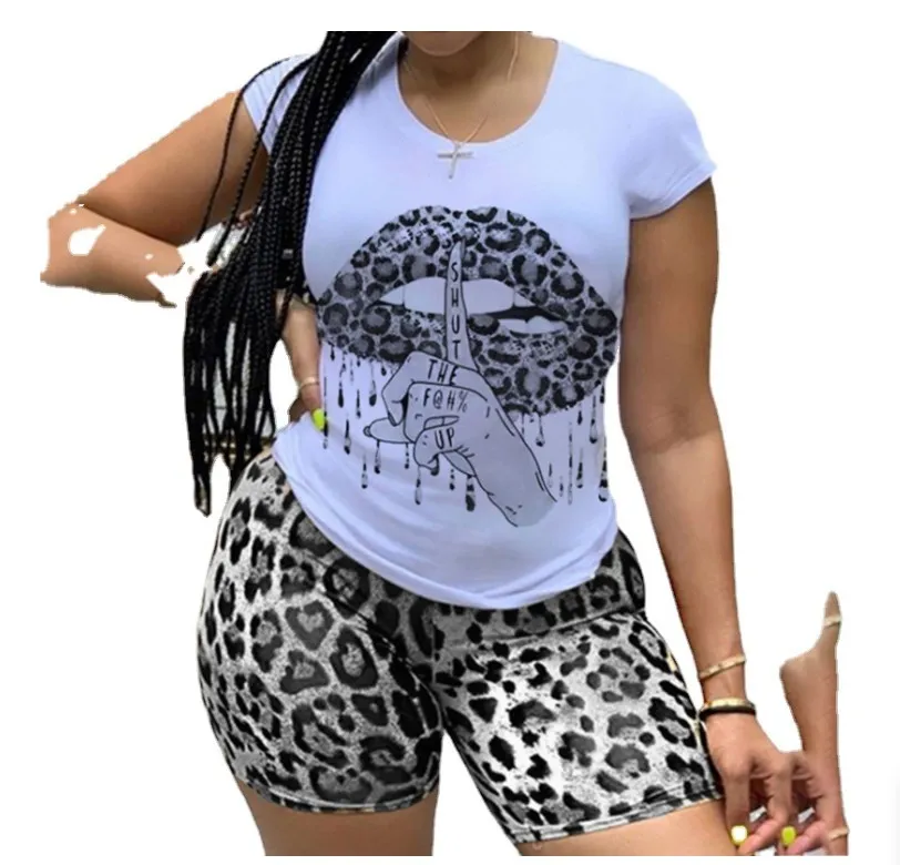 Summer Tracksuits Womens Two Peices Set Leisure Outfits Lips Printed Cotton Oversized T-shirts High Waist Shorts Candy Color Clothing