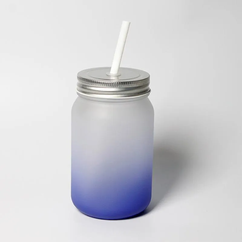 15oz Sublimation Gradient Frosted Mason Tumbler with Lid Straw Straight Water Bottles DIY Heat Transfer Wine Tumblers Beer Mug