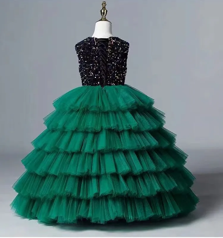 Entzückende grüne Ballkleid Blumenmädchen Kleider Prinzessin schiere lange Ärmel Applikationen Juwel Hals Kleinkind Geburtstagsfeierkleider 403