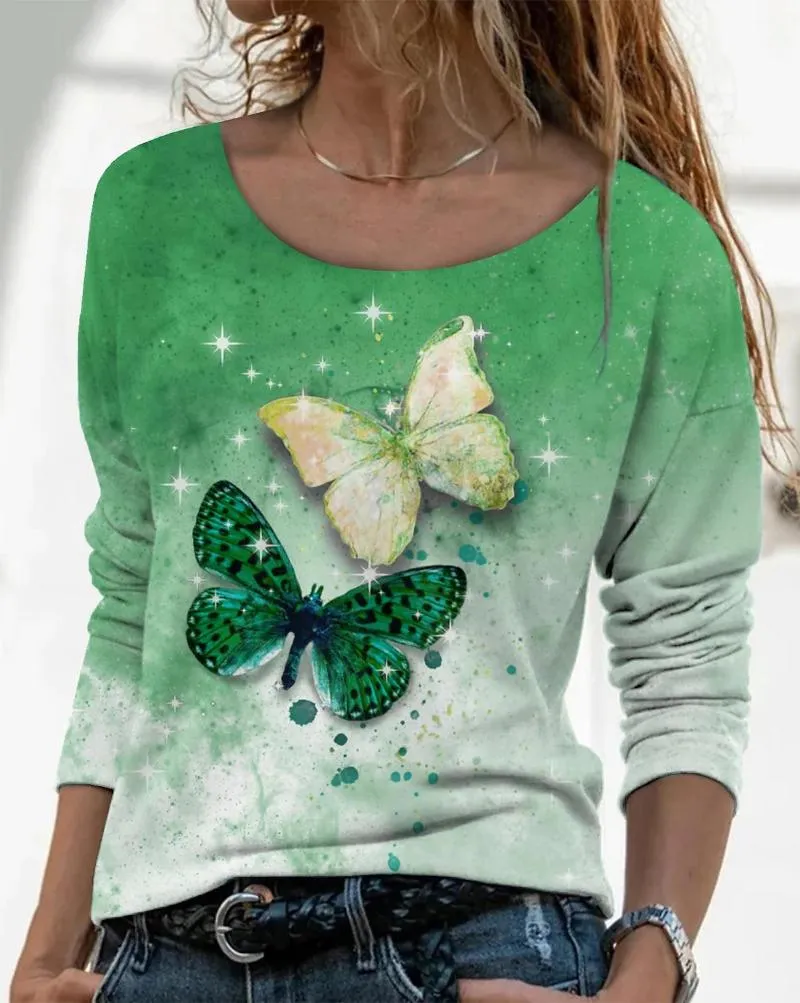 체육관 의류 나비 패턴 둥근 목 편안한 느슨한 통기성 여성 유럽 아메리카 레트로 승화 인쇄 상단 티셔츠