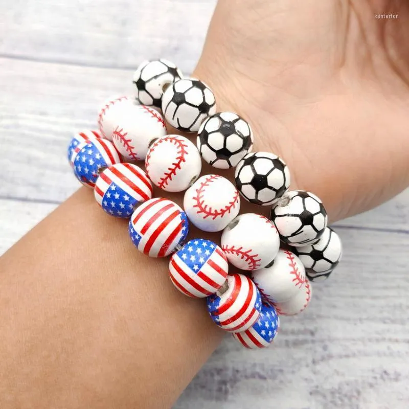 Bangle houten kralen honkbalarmbanden armbanden voor dames rekbare houten kralen Amerikaanse vlag/volleybal/tennissport mama cadeausbangle kent22