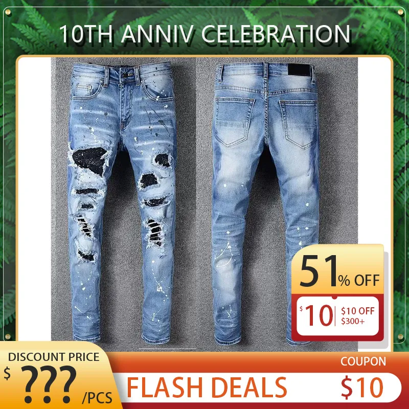 Luxury diseñadores jeans directivos heterosexuales agujeros estiramiento de mezclilla casual jean hombres pantalones flacos elasticidad machos pantalones hombre hombre